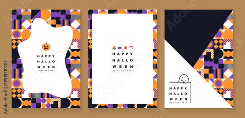 ハロウィンの幾何学模様フレームとメッセージカードテンプレート3種セット おばけシルエット付きベクター
