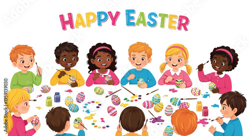 Diverse group of happy children painting colorful decorative eggs together for a joyful Easter holiday celebration