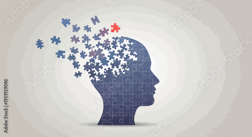 Abstract silhouette of a human head dissolving into puzzle pieces symbolizing memory loss cognitive decline or mental