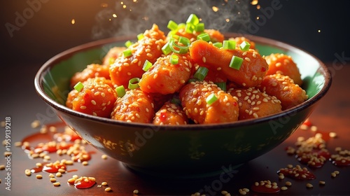 A mouthwatering bowl of chicken coated in a savory sauce, topped with sesame seeds and green onions, perfect for food lovers.