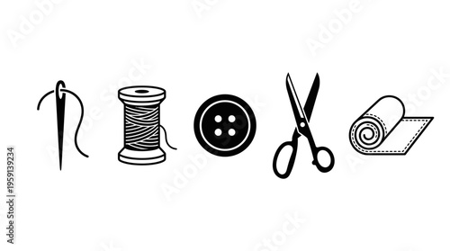 Sewing tools vector icons with needle, thread spool, button, scissors, fabric roll for tailoring, fashion design, textile craft, garment making, DIY projects illustration