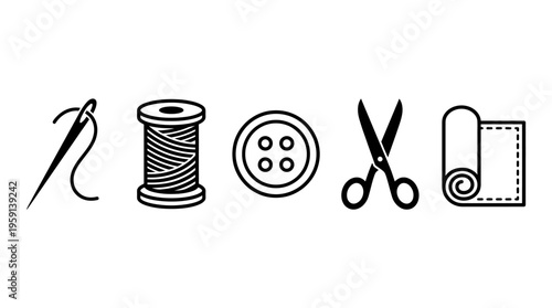 Sewing tools vector icons with needle, thread spool, button, scissors, fabric roll for tailoring, fashion design, textile craft, garment making, DIY projects illustration