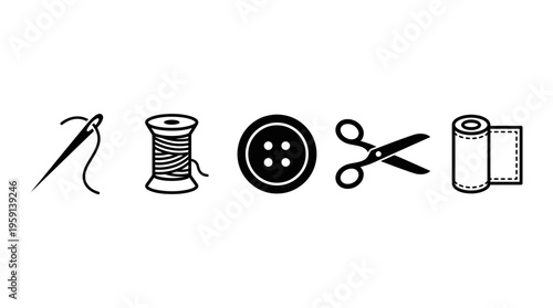 Sewing tools vector icons with needle, thread spool, button, scissors, fabric roll for tailoring, fashion design, textile craft, garment making, DIY projects illustration