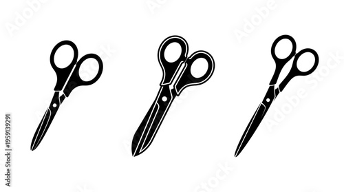 Scissors vector silhouettes showing closed, partially open, and fully open positions for cutting tools, craft design, sewing, tailoring, office supplies, school projects, illustration art