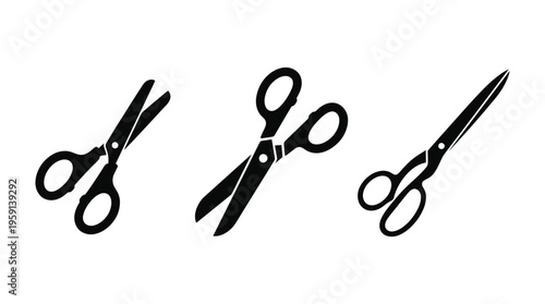 Scissors vector silhouettes showing closed, partially open, and fully open positions for cutting tools, craft design, sewing, tailoring, office supplies, school projects, illustration art