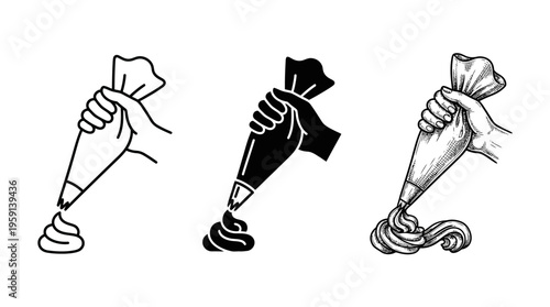 Hand holding piping bag vector illustration for cake decoration, pastry design, baking tools, dessert art, confectionery, culinary workshop, icing swirl, kitchen equipment, food styling graphic