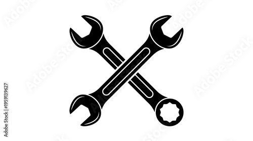 Crossed wrench tools vector icon design for repair, maintenance, construction, mechanic service, industrial equipment, engineering, DIY projects, hardware store branding, black silhouette illustration