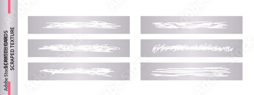 Set of damaged scratch card surface. Silver lottery ticket, sticker with worn layer. Used scratch card, collection of opened winning coupons, aged texture on the ticket. Vector illustration.