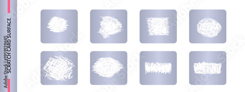 Collection of damaged scratch card surface. Silver lottery ticket, sticker with worn layer. Used scratch card, collection of opened winning coupons, aged texture on the ticket. Vector illustration.