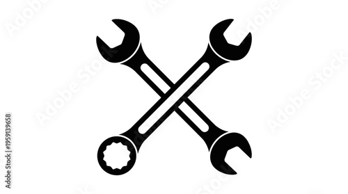 Crossed wrench tools vector icon design for repair, maintenance, construction, mechanic service, industrial equipment, engineering, DIY projects, hardware store branding, black silhouette illustration