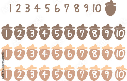 森のシンプルかわいいデザイン 数字入り装飾パーツセット 1-10 どんぐりモチーフ カラー・シルエット