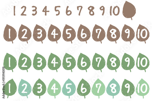 森のシンプルかわいいデザイン 数字入り装飾パーツセット 1-10 はっぱモチーフ カラー・シルエット