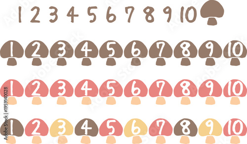 森のシンプルかわいいデザイン 数字入り装飾パーツセット 1-10 きのこモチーフ カラー・シルエット