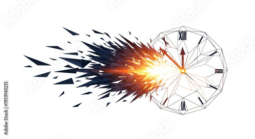 Exploding clock with roman numerals and fiery shards on white background symbolizing time running out