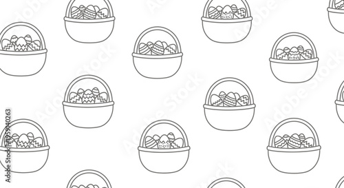 Seamless vector graphic illustration featuring a repeating pattern of outline Easter baskets overflowing with decorative eggs for festive designs