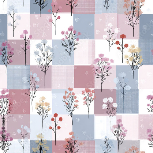 Soft pastel floral pattern with delicate branches and flowers on patchwork background, evoking calm and gentle cottagecore aesthetic