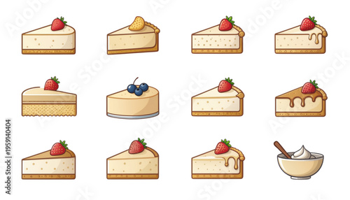 Minimal flat vector set of cake slices with strawberries, blueberries, caramel, chocolate, and cream, plus a bowl of batter—perfect for bakery menus, dessert icons, and sweet food themes