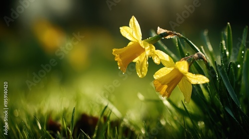 Vibrant yellow daffodils with trumpet-shaped blooms emerging in lush green grass, heralding the arrival of spring.