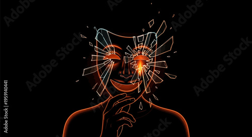 Glowing orange neural network illustration of a smiling man with shattered face and hand on chin on black background
