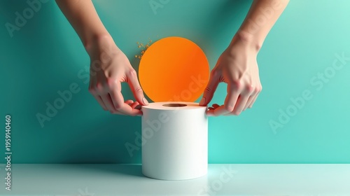A pair of hands creatively interacting with a white paper roll against a vibrant turquoise background, showcasing artistic design.