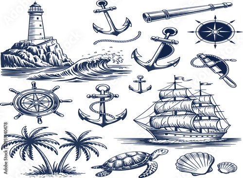 Vintage nautical maritime collection with lighthouse, anchor, sailing ship, sea turtle, and tropical palm tree