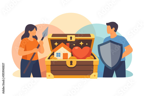 Couple guarding treasure chest with house heart and spear.