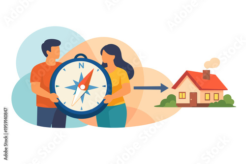 Couple holding compass pointing towards new home illustration.