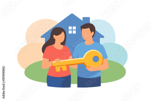 Couple Receiving Keys to New Home Illustration.