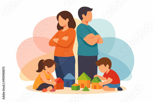 Family conflict parents arguing children playing unaware of tension.