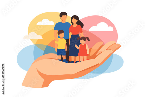 Family protected by caring hand illustration.