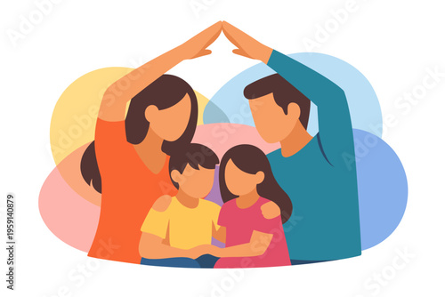 Family protected under a roof formed by parents hands illustration.