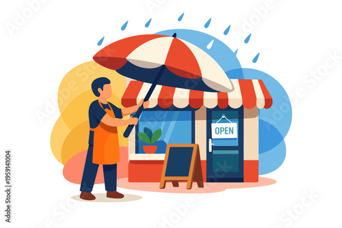 Man holding umbrella outside small shop during rain.