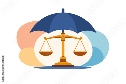 Scales of Justice Protected by Blue Umbrella Symbolizing Legal Protection.
