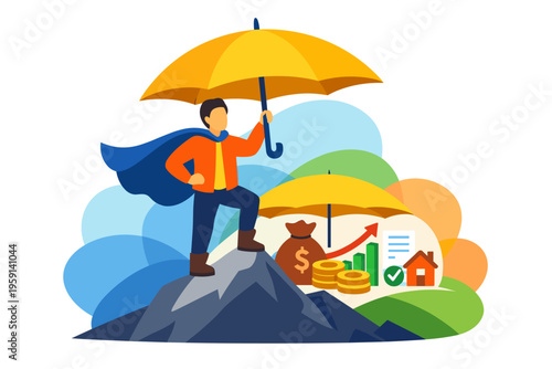 Superhero protects financial assets and home with umbrella.