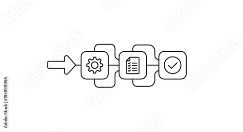 Business process workflow automation with gear, document, and checkmark icons.