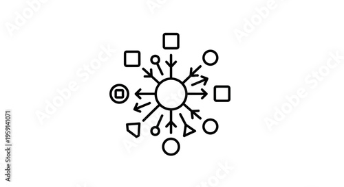 Central hub with diverse elements radiating outwards, symbolizing network, connection, and data flow.