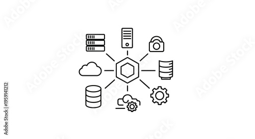 Centralized data management system with cloud, database, server, and security icons.