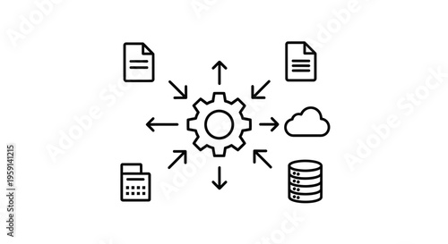 Centralized data processing and management with gear icon and surrounding elements