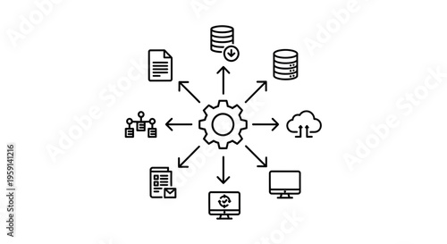 Centralized data processing and management system with cloud and computer icons