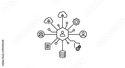 Centralized digital network connecting people, data, and cloud services with technology icons