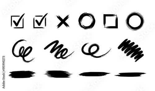 Vector brush set hand drawn strokes marks check marks crosses circles squares