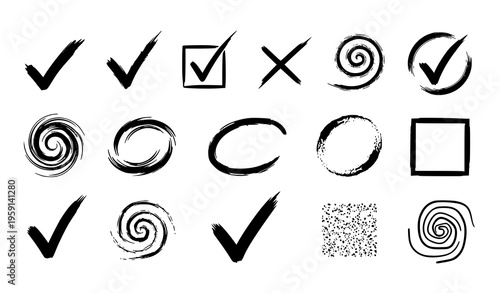 Hand drawn vector brushes and marks set check marks crosses circles squares strokes