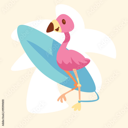 Pink Flamingo Holding a Surfboard