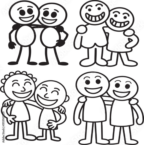 Four cartoon friends embracing in joyful camaraderie illustration