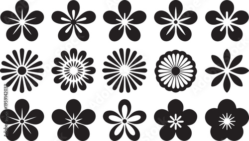 A diverse collection of black flower silhouettes featuring various petal designs and patterns