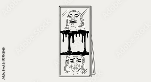 Woman faces screaming in mirror with black liquid dripping down