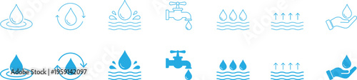 Collection of water conservation icons in outline, solid blue styles. Vector set of ecology symbols including water drops, dripping taps, recycling arrows, and hands holding droplets design.