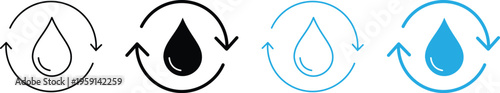 Set of water recycling icons with droplet and circular arrows. Vector graphic symbols for water conservation, eco-friendly resources, and sustainable processing isolated on transparent background.