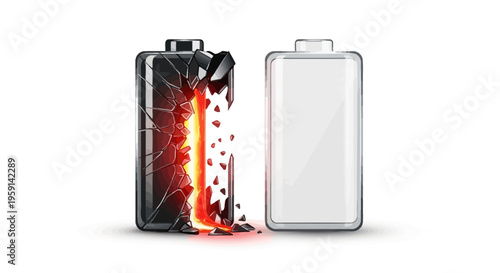 Battery overheating exploding and damaged isolated on white background