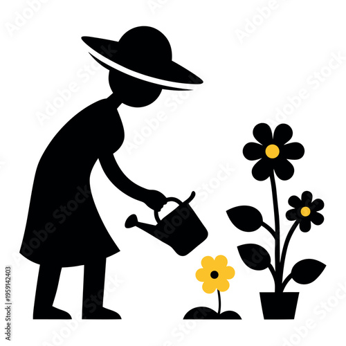 Silhouette of a person gardening with a sun hat 